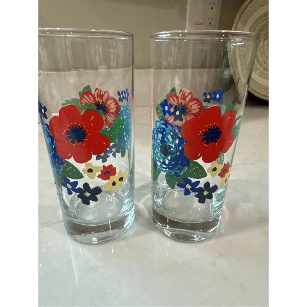 TWO Pioneer Woman Dazzling Dahlias Floral 16 oz Glasses Discontinued